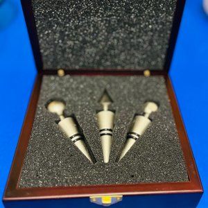 NEW... Three Brushed Nickel Wine Bottle Stoppers Situated in Lovely Wooden Box